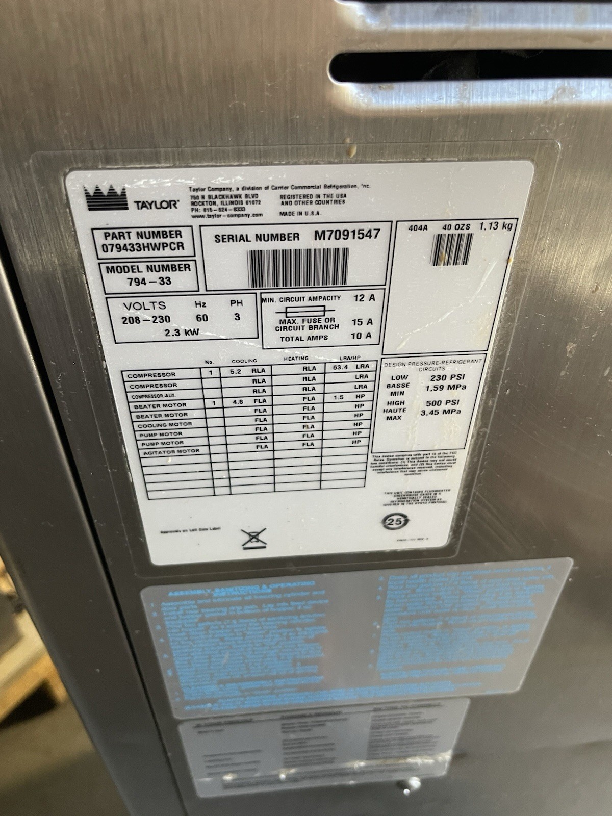 Taylor 794-33 Ice Cream Yogurt Machine Air cooled 3 Phase 2017