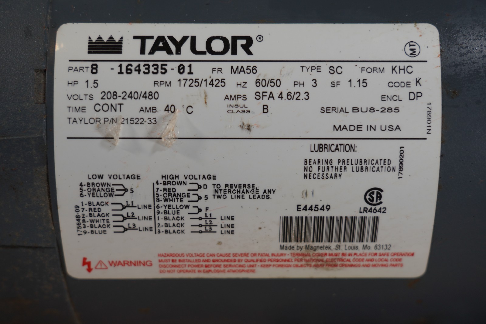 Taylor Beater Motor 3ph 021522-33 / 021522 750, 751, 754, 793, 794, c712, c713..