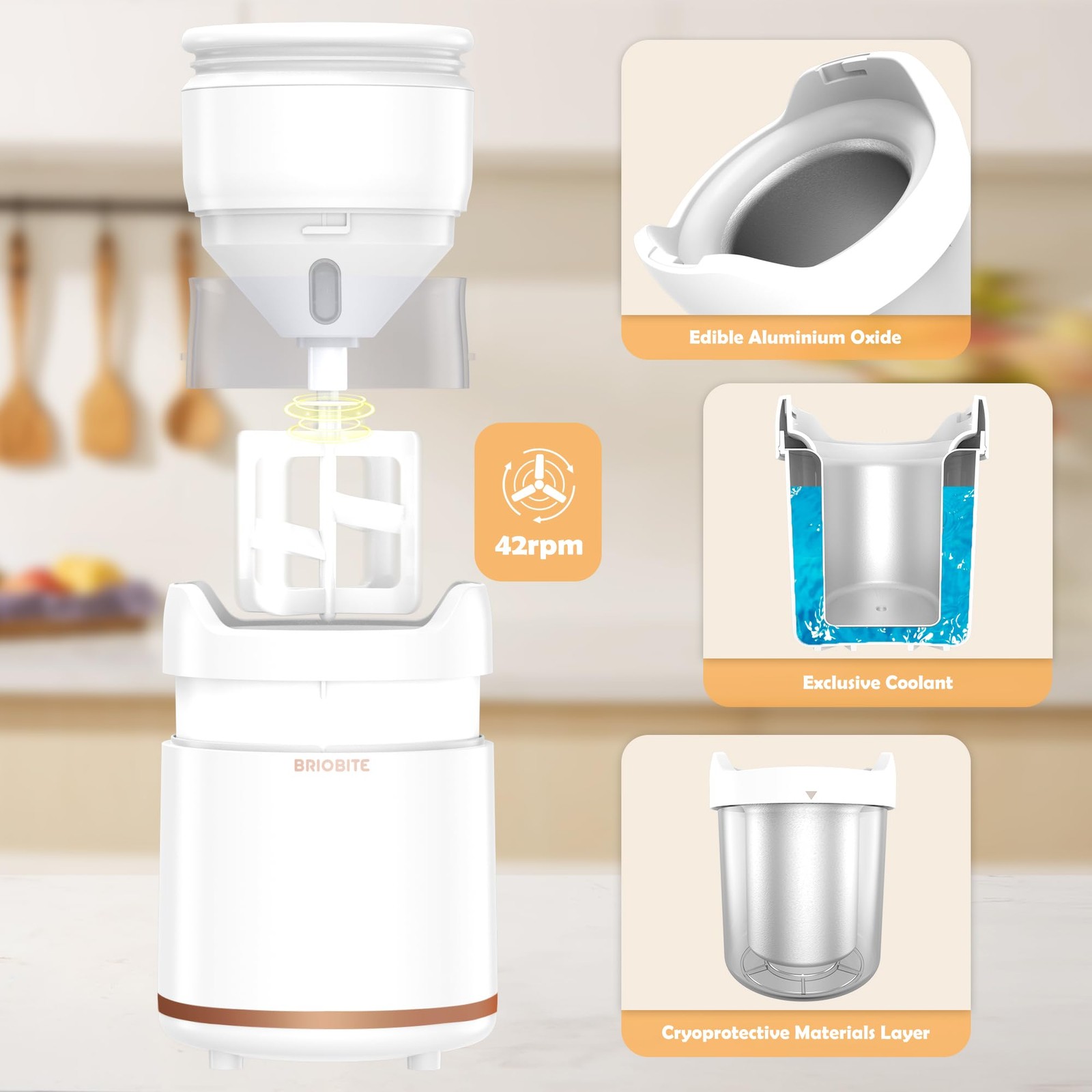 BRIOBITE Mini Electric Ice Cream Maker – Low-Noise, Rechargeable Gelato, Sorbet,
