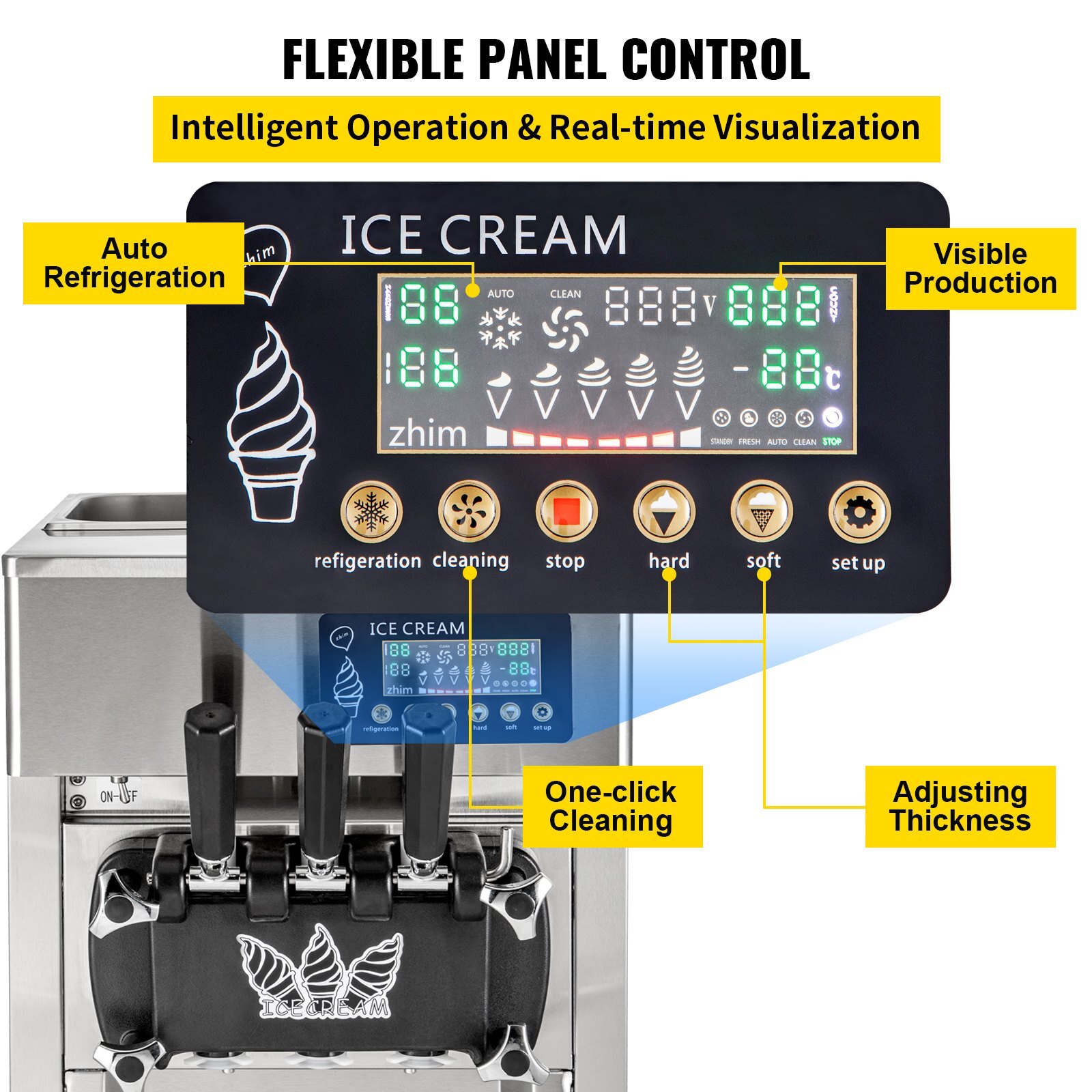 SIHAO Countertop 1200W 2+1Flavor Soft Serve5Gal/H LCD Ice Cream Machine Maker