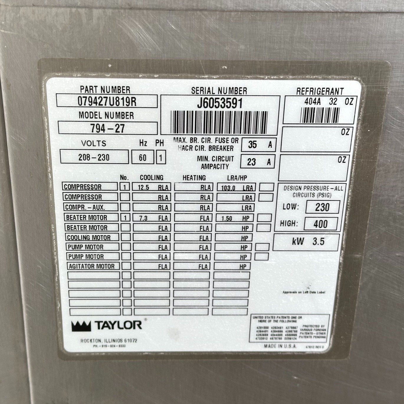 Taylor 794-33 Soft Serve Ice Cream Maker 3 Phase 208–230V (Water Cooled)