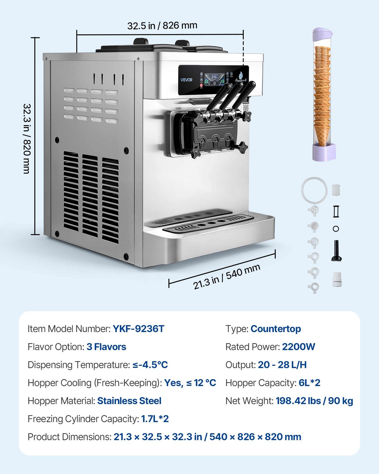 VEVOR Commercial Ice Cream Machine 2200W Pre-Cooling Ice Cream Maker 3 Flavors