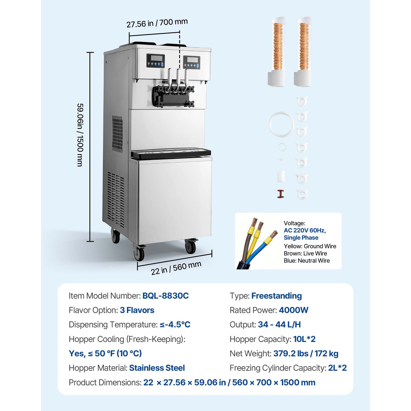 Uimoso Commercial Ice Cream Machine with Dual Compressor and 3Flavors Capability