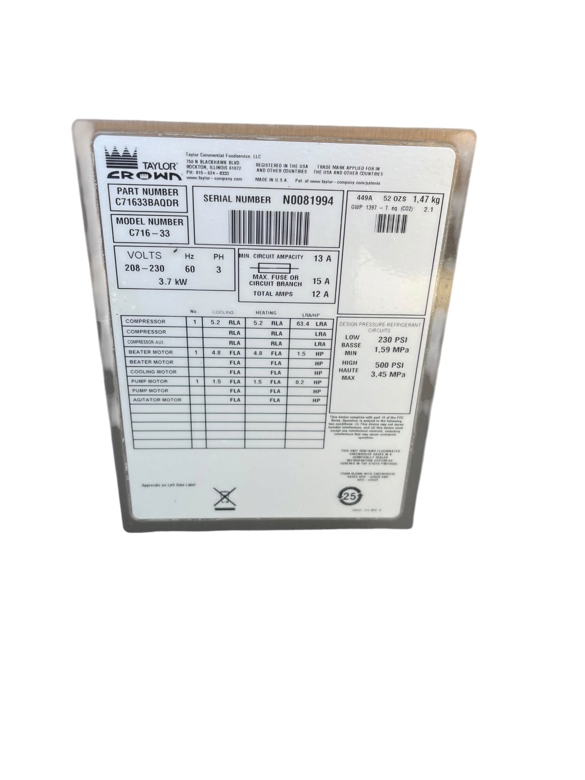 Taylor C716-33 Air Cooled, 3 Phase, Pump Machine SERIAL# N0081994