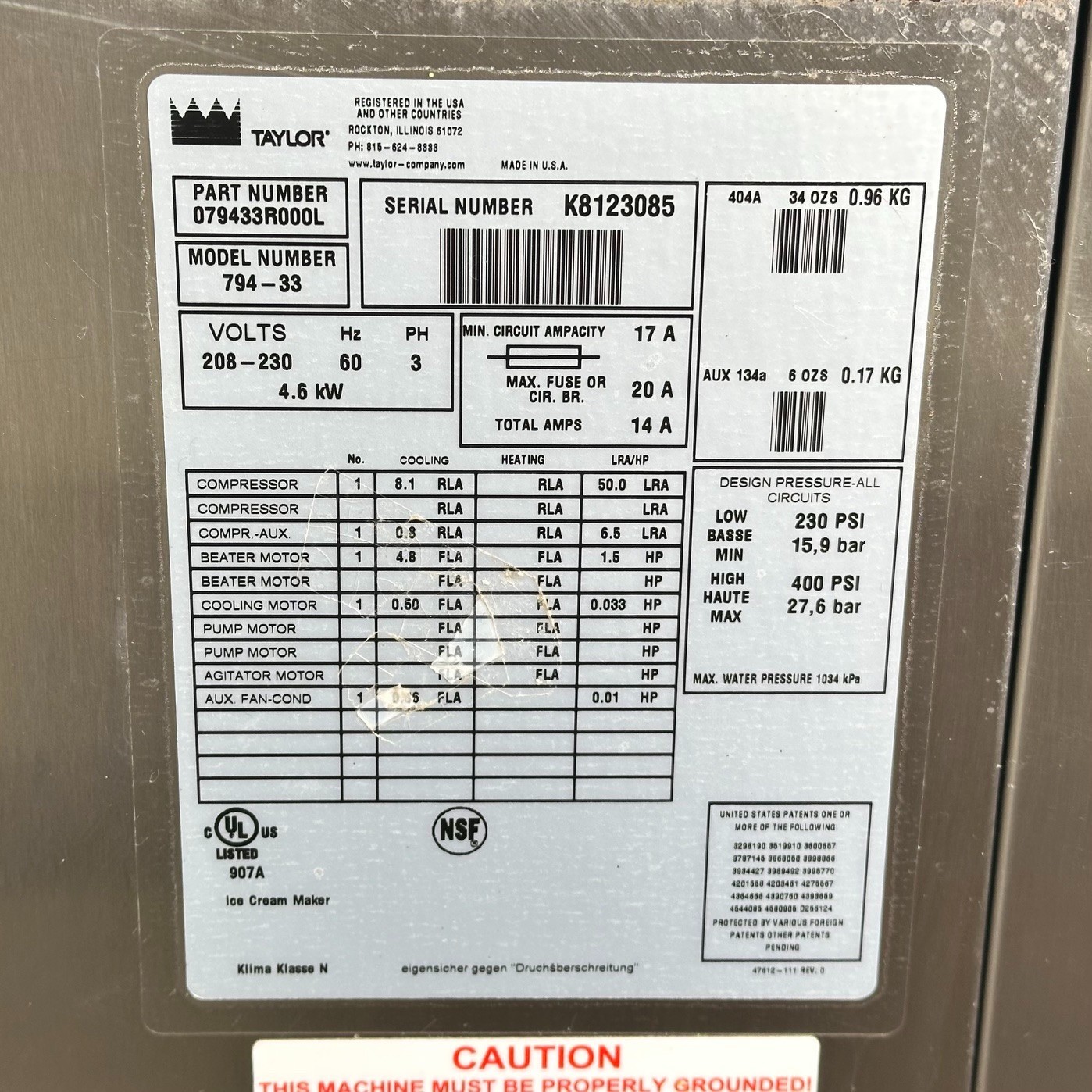 Taylor 794-33 Soft Serve Ice Cream Maker 3 Phase 208–230V (Water Cooled)