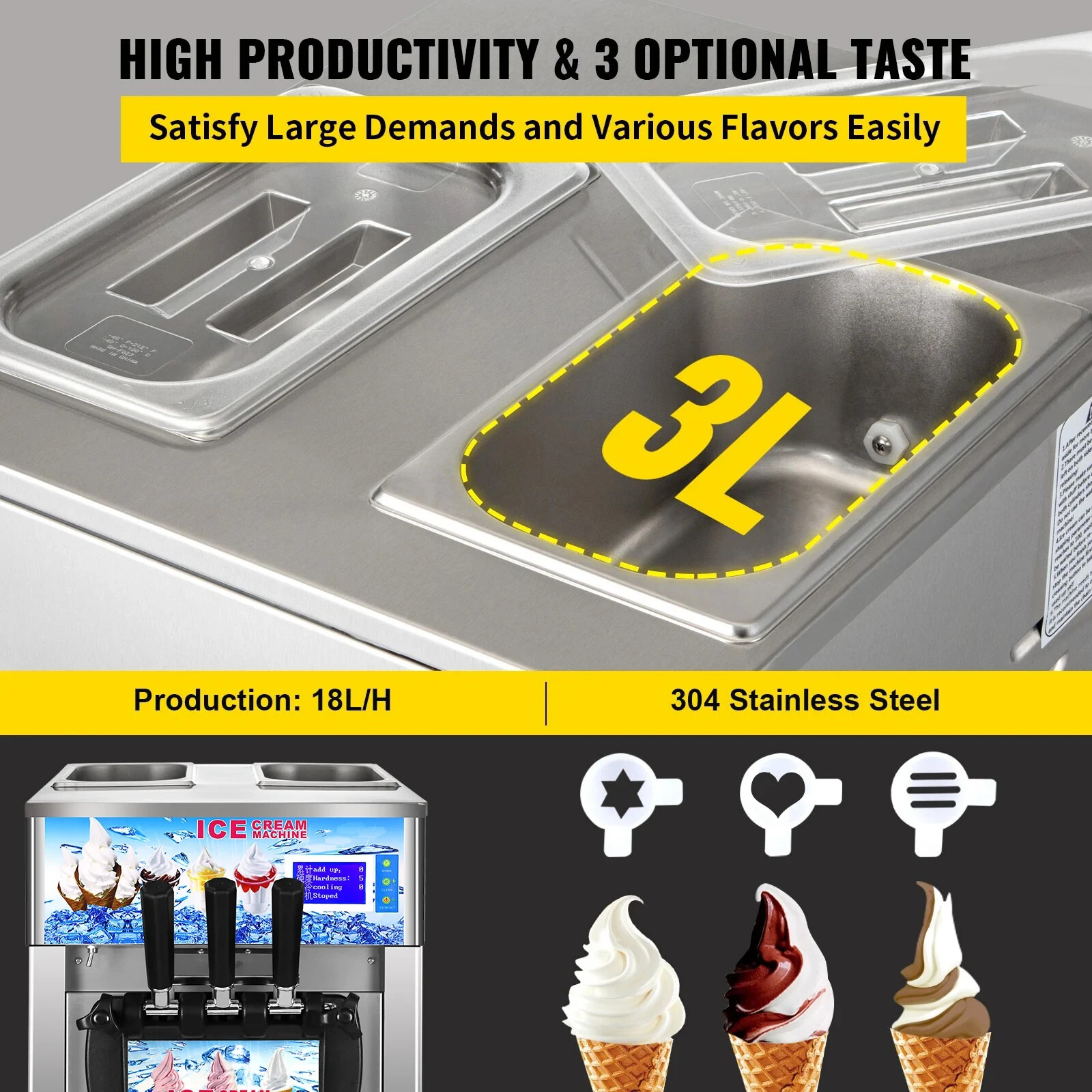 18L/H Maker 3 Flavors Home Commercial Ice Cream Machine Countertop Soft Serve