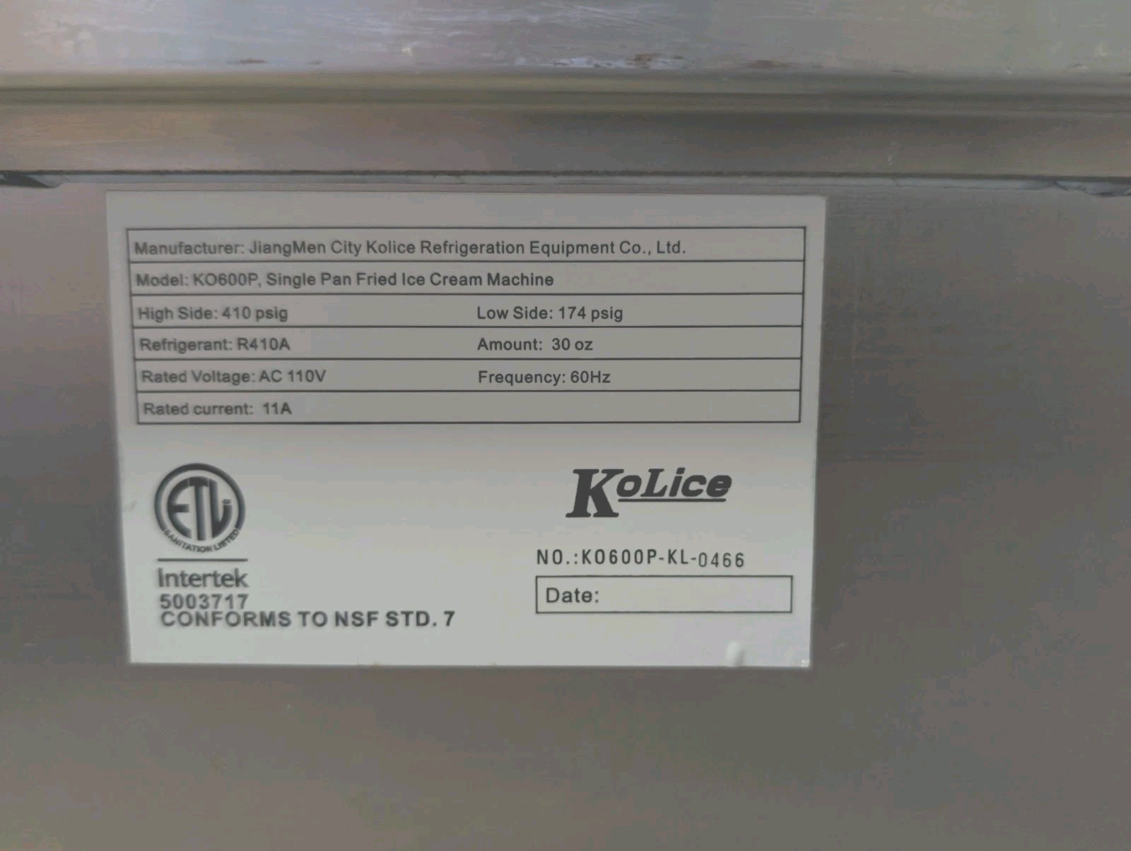 Kolice ETL Commercial Ice Cream Roll Machine KO600P 22″ Single Round Ice Pan Lid