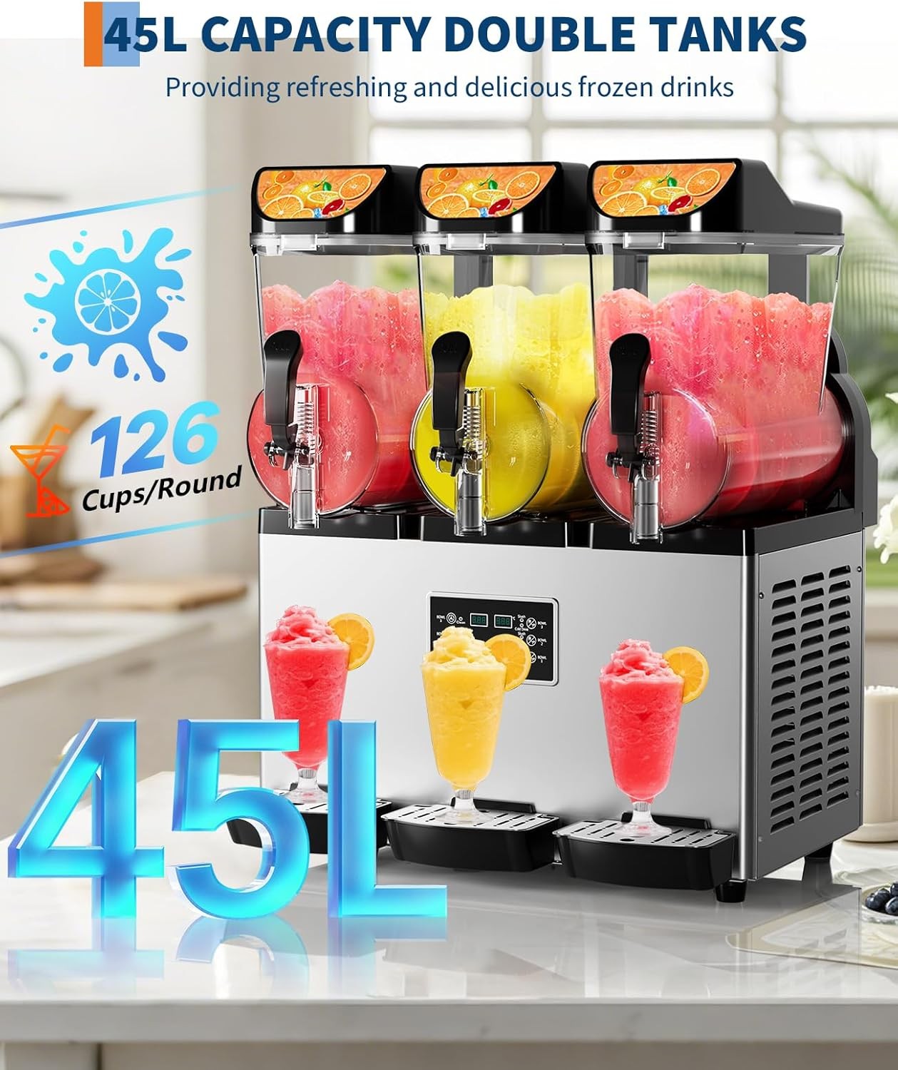 ⚡Commercial Slushy Machine 15L×3 Triple Tank, 45L Frozen Drink Machine, 180 Cups
