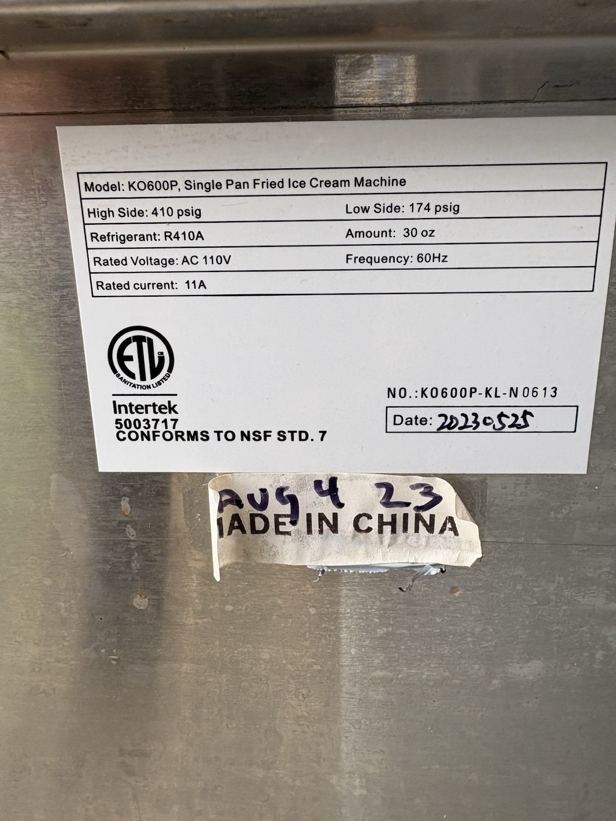 KO600P Single Pan Rolled Ice Cream Machine, 1 Bucket, MPN KO600P-KL-N0613