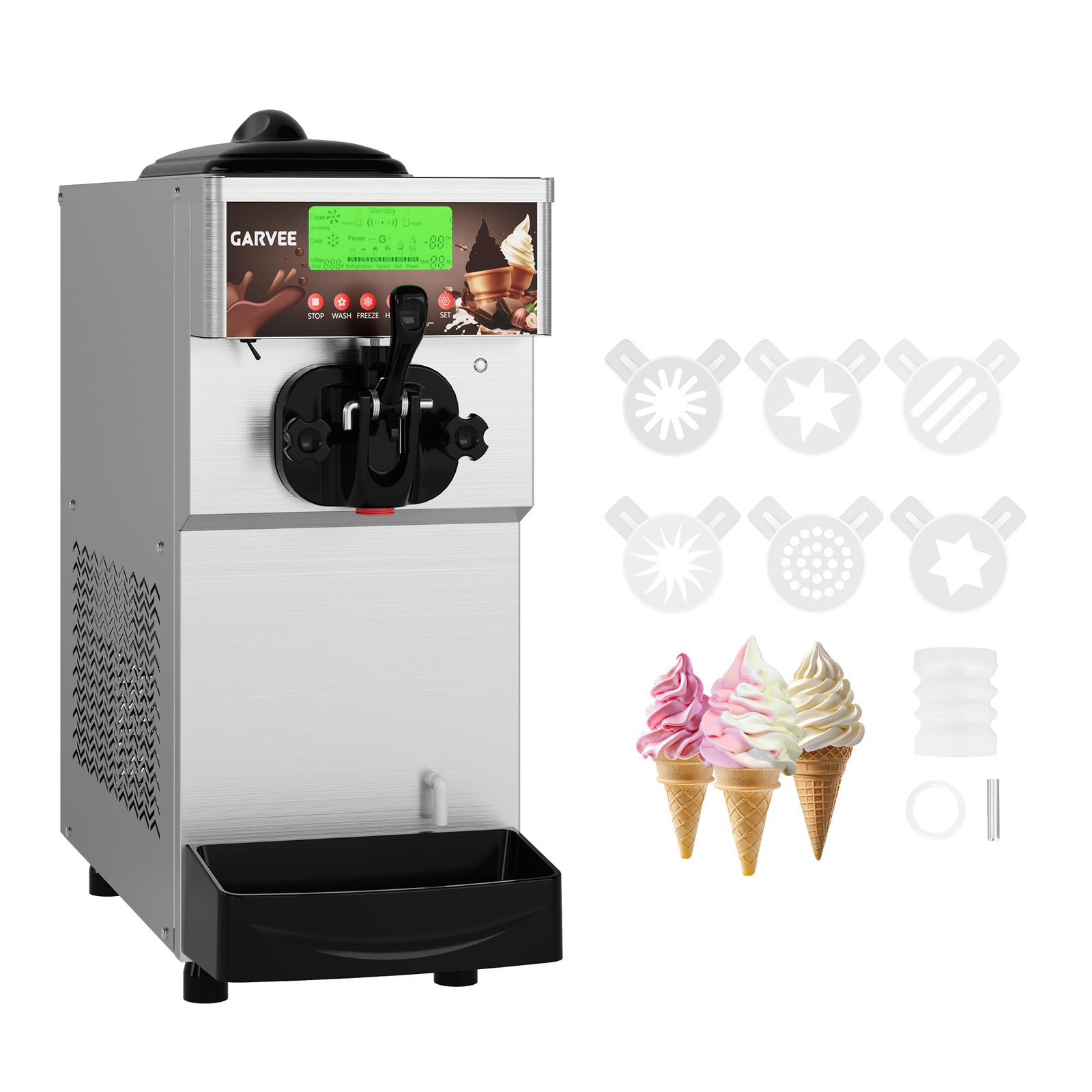 1500W Single Flavor Soft Serve Ice Cream Machine 5.3-7.4 Gal/H LED Self-Cleaning