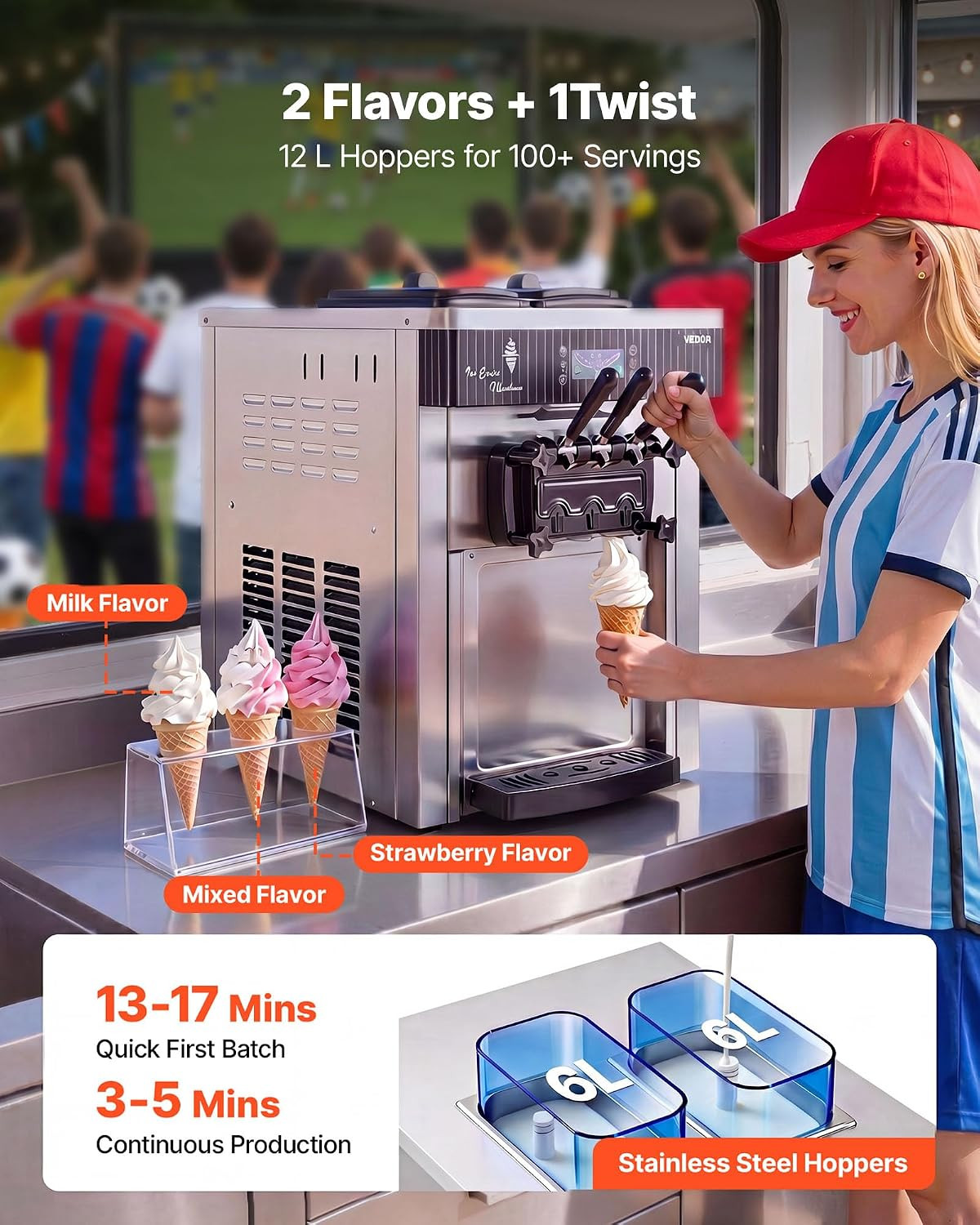 2200W Commercial Soft Serve Ice Cream Machine 3 Flavor 20-28L/H Countertop 6L