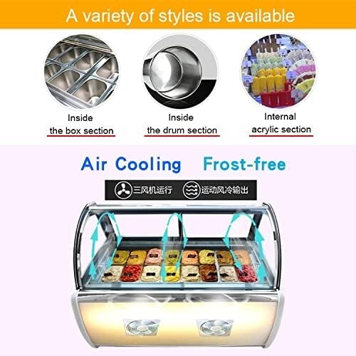 Kolice Air convection design 8 pans Gelato Display Freezer, anti-fog glass