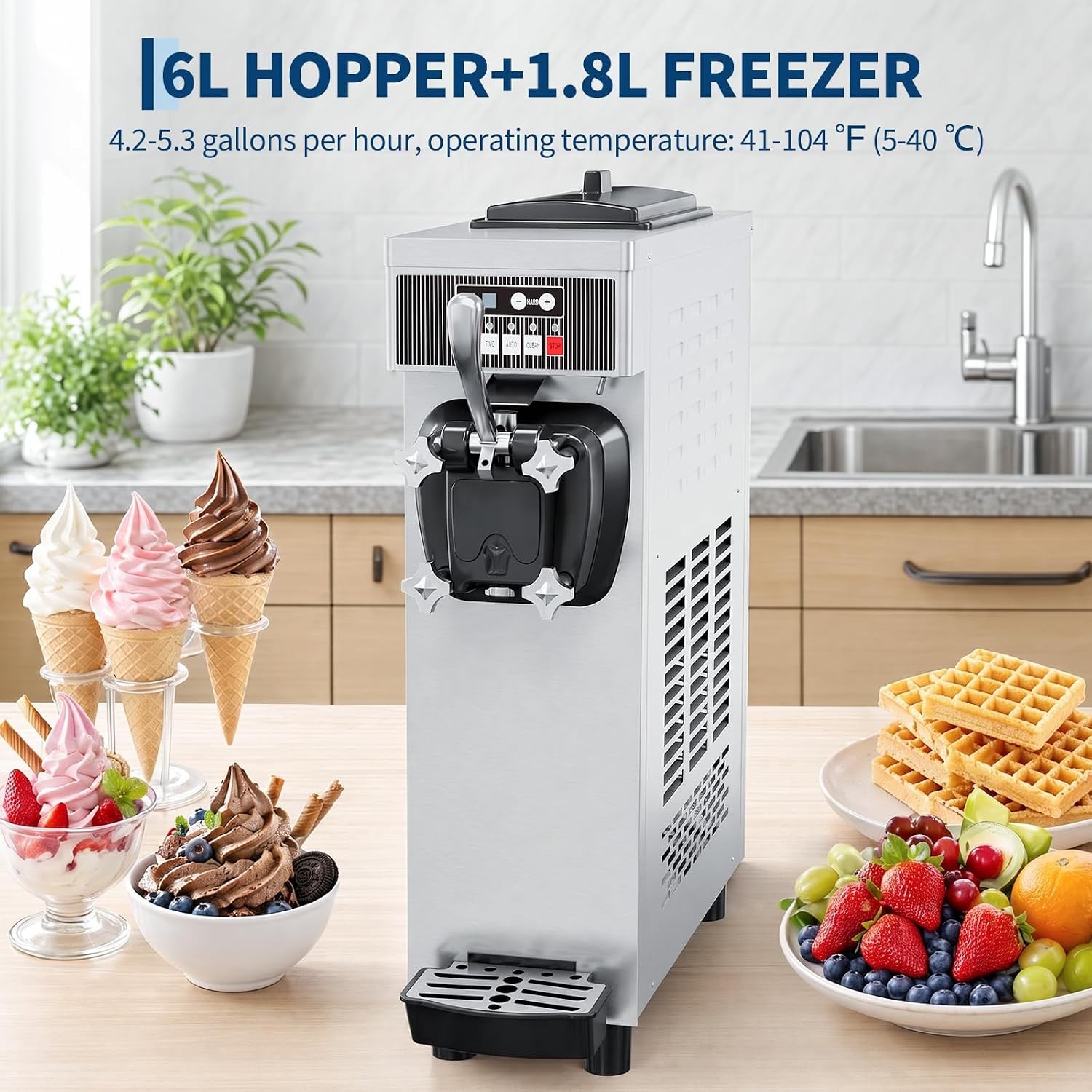 5.3 Gal/H Commercial Soft Serve Ice Cream Maker Stainless Steel Countertop 1350W
