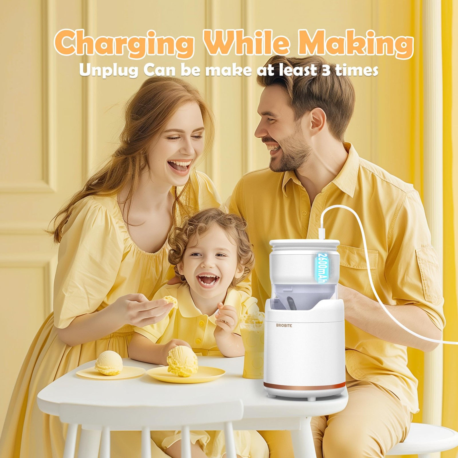 BRIOBITE Mini Electric Ice Cream Maker – Low-Noise, Rechargeable Gelato, Sorbet,