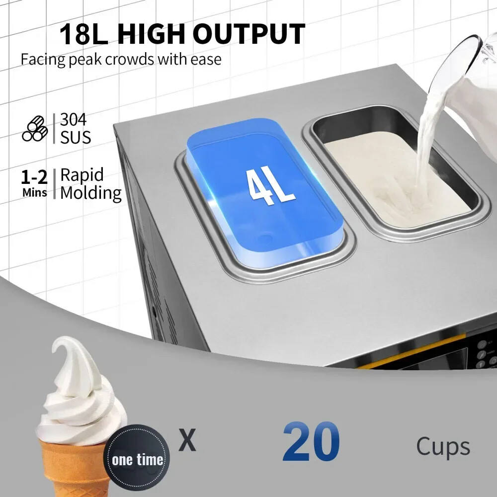 VEVOR 18-20L/h Commercial Ice Cream Machine Countertop Soft Serve Maker 3Flavors