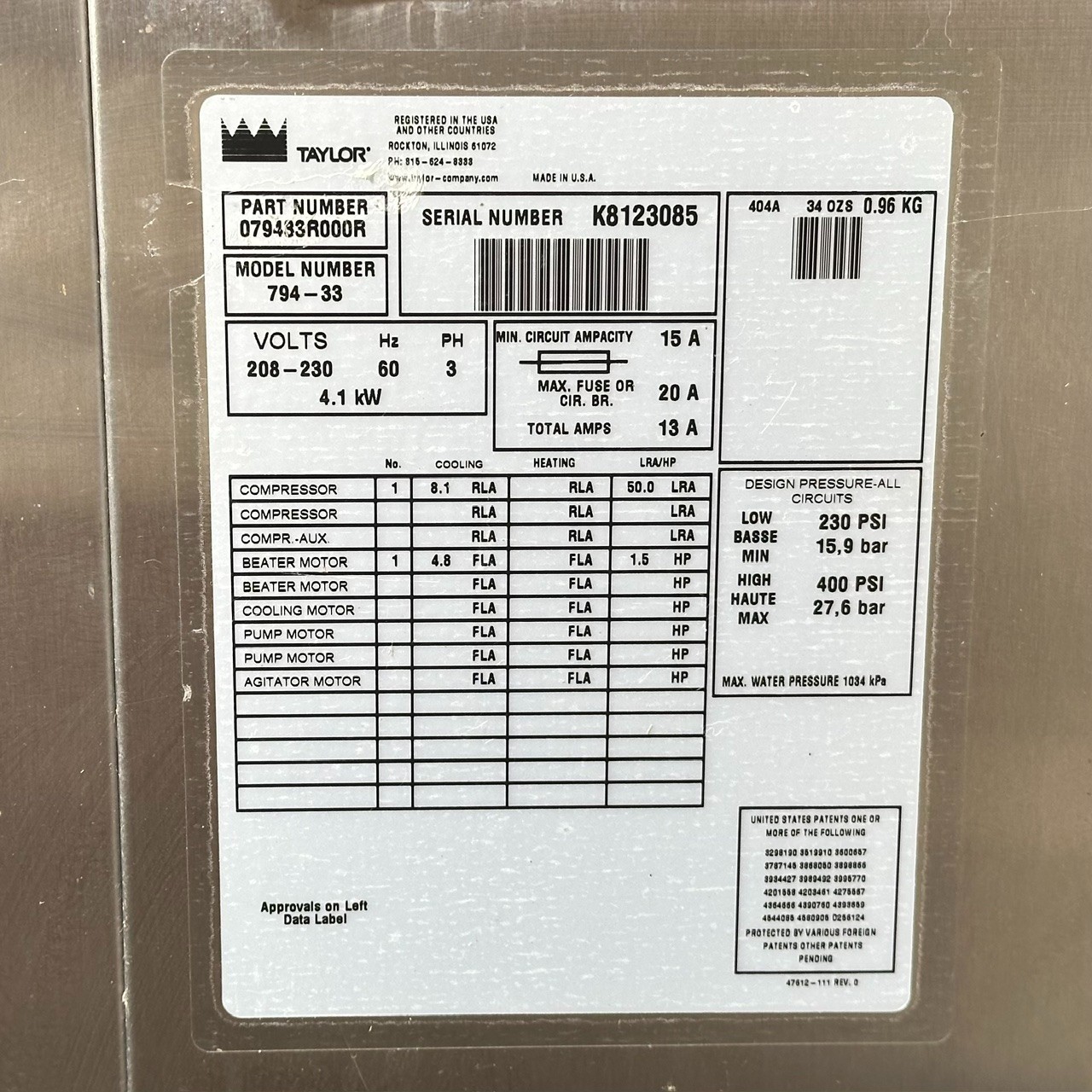 Taylor 794-33 Soft Serve Ice Cream Maker 3 Phase 208–230V (Water Cooled)