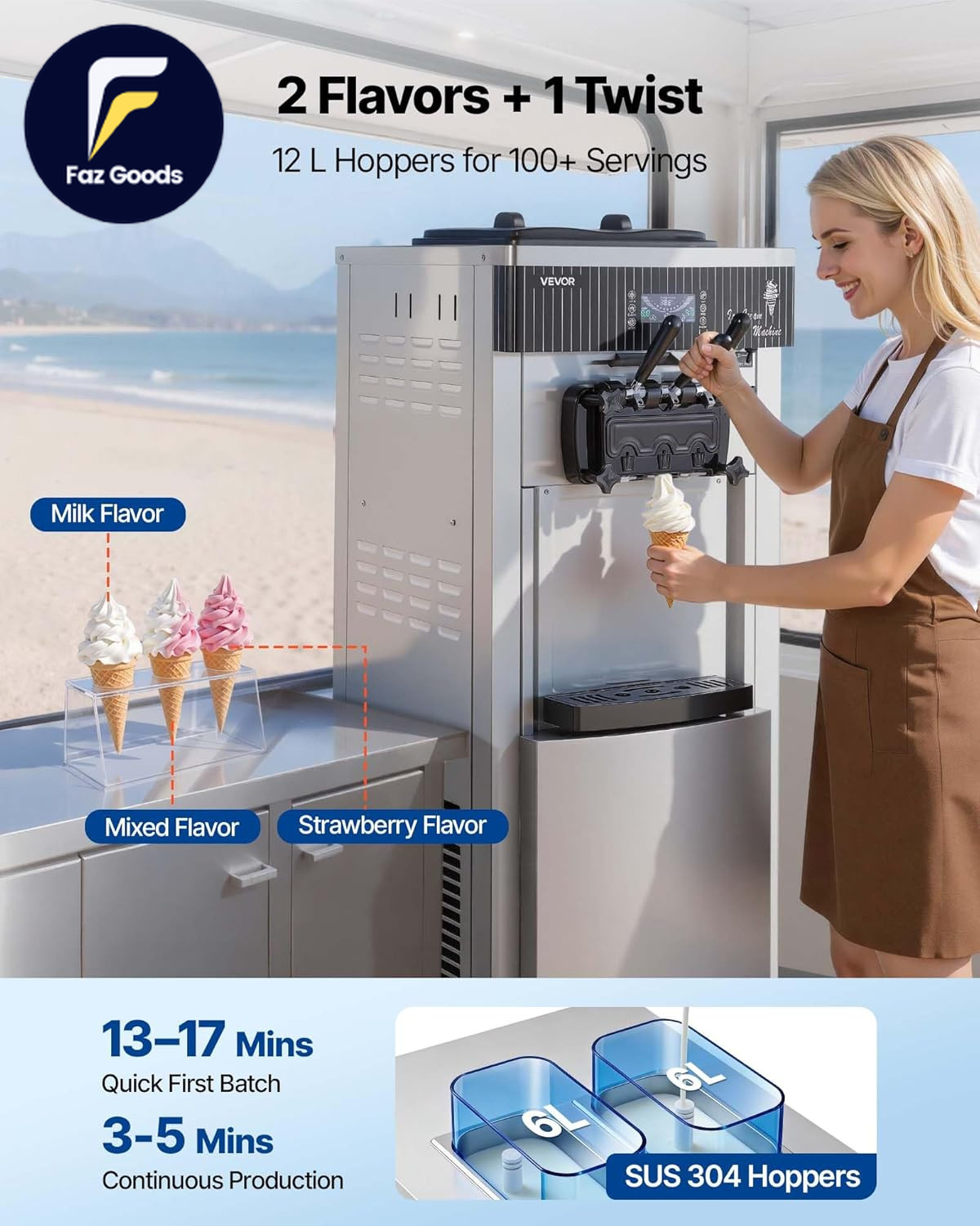 Commercial Ice Cream Machine, 20-28L/H Yield, 2200W 3-Flavor Freestanding Soft S